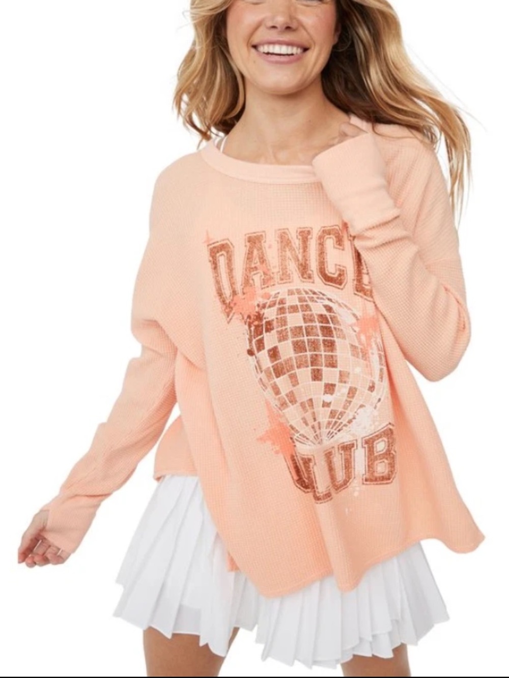 OFFLINE by Aerie Dance Club Waffle Thermal Top Peach Size XS
